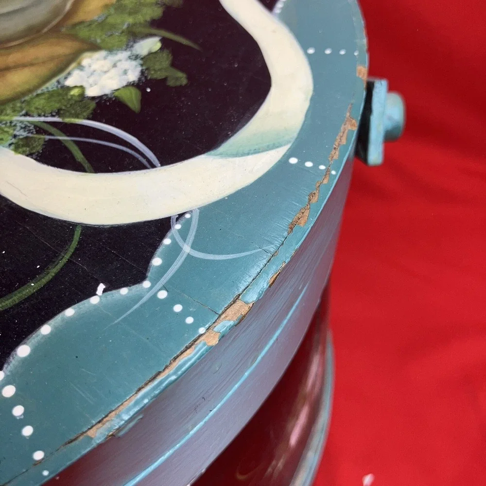 Vintage Firkin Primitive Bucket / Wooden / Hand Painted Blue / Rose/Floral /Flaw